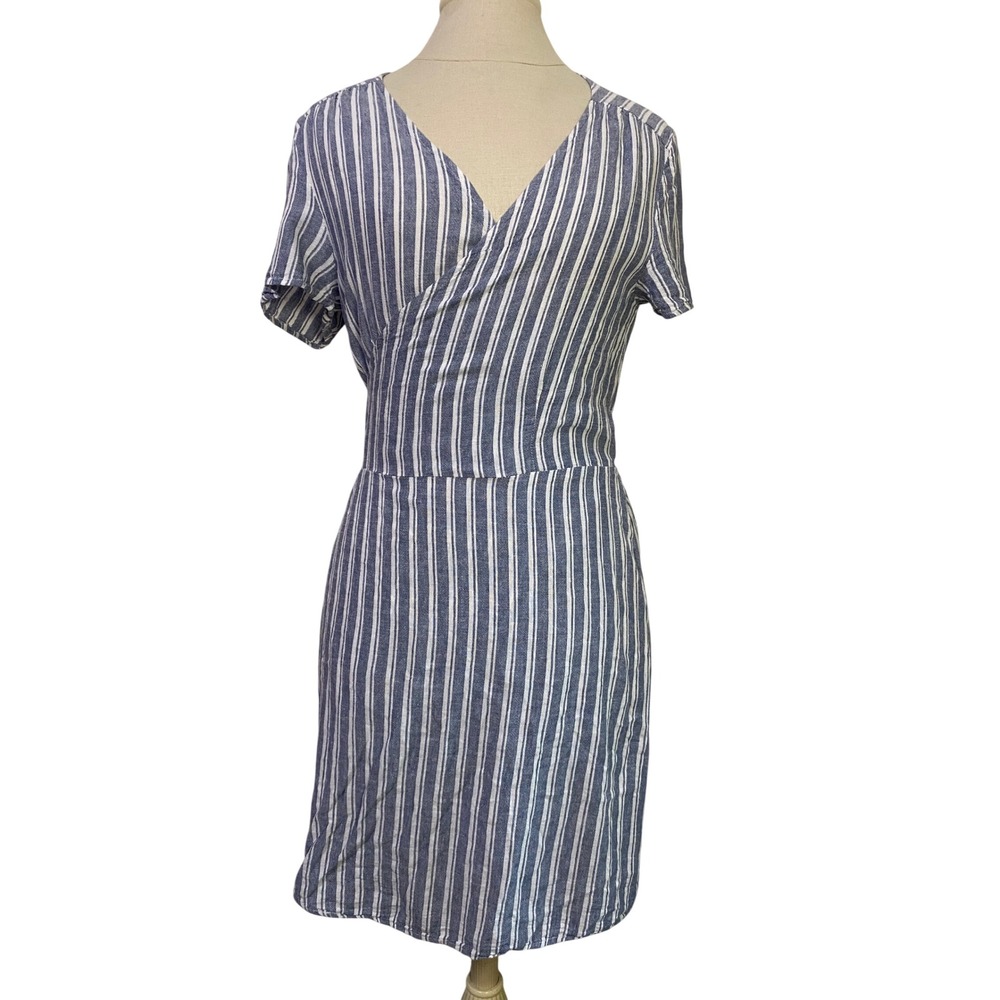 Marine Layer Blue White Striped Linen Blend Faux Wrap Mini Dress XL Short Sleeve